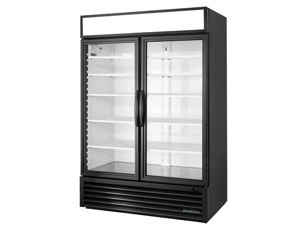 True GDM Glass Door Display Upright Retail Merchandiser Refrigerator 2 Full Glass Swing Doors