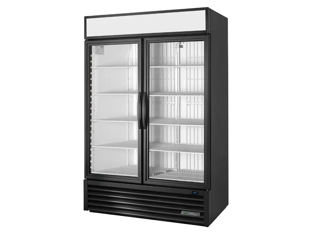 True GDM Glass Door Display Upright Retail Merchandiser Freezer 2 Full Glass Swing Doors